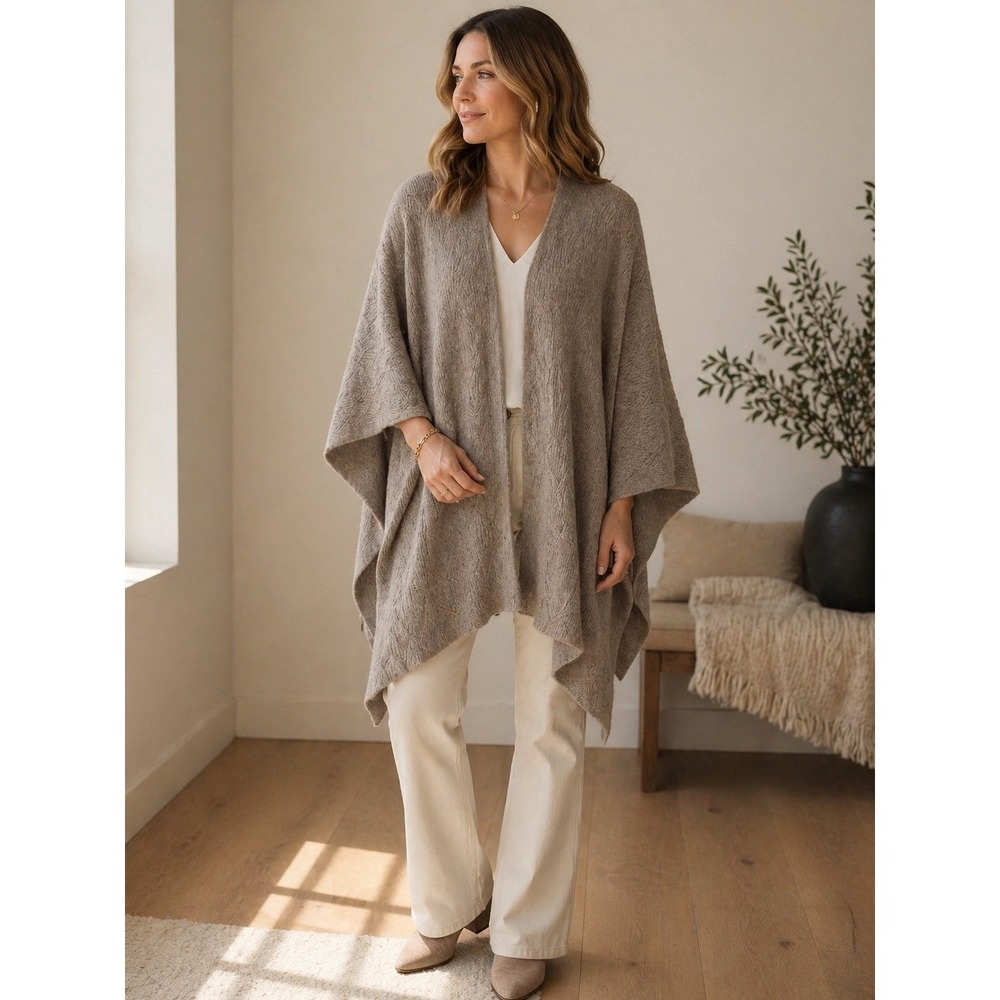Subtle Luxury 100% Cashmere Ruana Wrap Cardigan Taupe OS Draped Poncho